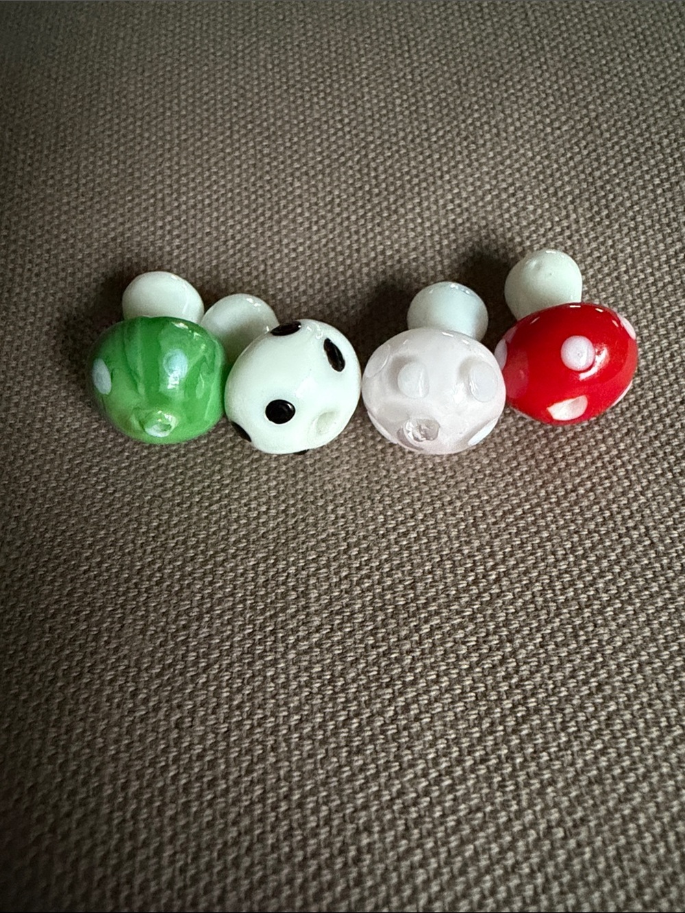 Glass Mushroom (4) Bead Set - Green, White, Red, Pink
